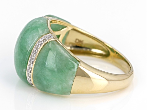 Green Jadeite With White Diamond 14k Yellow Gold Ring 0.05ctw