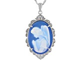 Blue Agate Angel Cameo Rhodium Over Sterling Silver Pendant With Chain