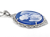 Blue Agate Angel Cameo Rhodium Over Sterling Silver Pendant With Chain
