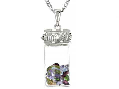 Mixed Color Multi-Gemstone Rhodium Over Sterling Silver Glass Prayer Box Pendant/Chain 5.01ctw