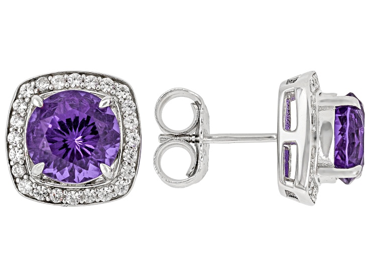 Zandrite and White Zircon Rhodium Over Sterling Silver Halo Earrings 3.83ctw