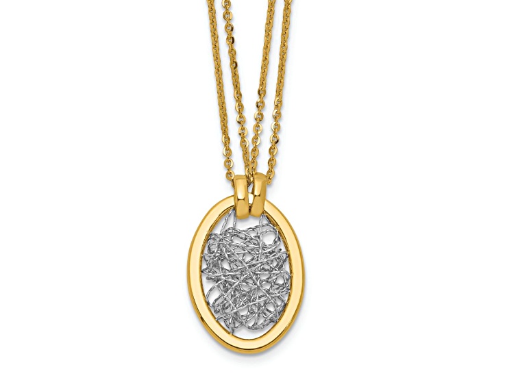 14K Yellow Gold and White Gold Fancy Oval Pendant with 17.5 Inch Cable Chain