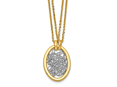 14K Yellow Gold and White Gold Fancy Oval Pendant with 17.5 Inch Cable Chain