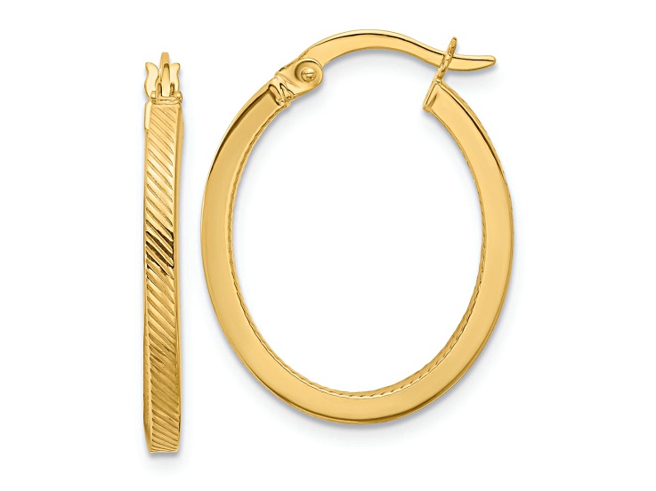 10k Yellow Gold 1/1 inch Polished and Textured Oval Hoop Earrings