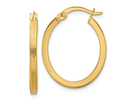 10k Yellow Gold 1/1 inch Polished and Textured Oval Hoop Earrings