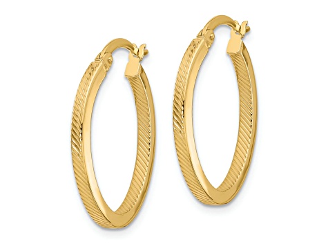 10k Yellow Gold 1/1 inch Polished and Textured Oval Hoop Earrings