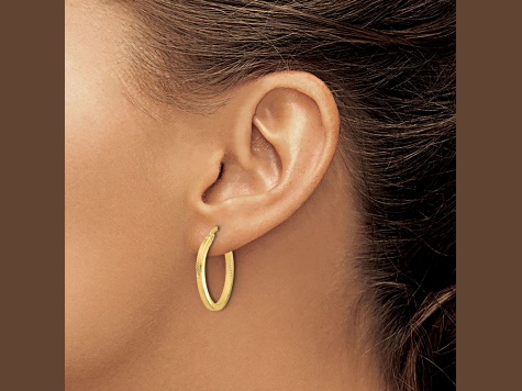 10k Yellow Gold 1/1 inch Polished and Textured Oval Hoop Earrings