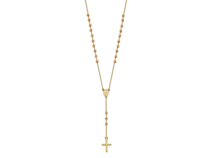 14k Yellow Gold and 14k Rose Gold Diamond-Cut Cross Y-Drop Cable Link 17.75 Inch Necklace