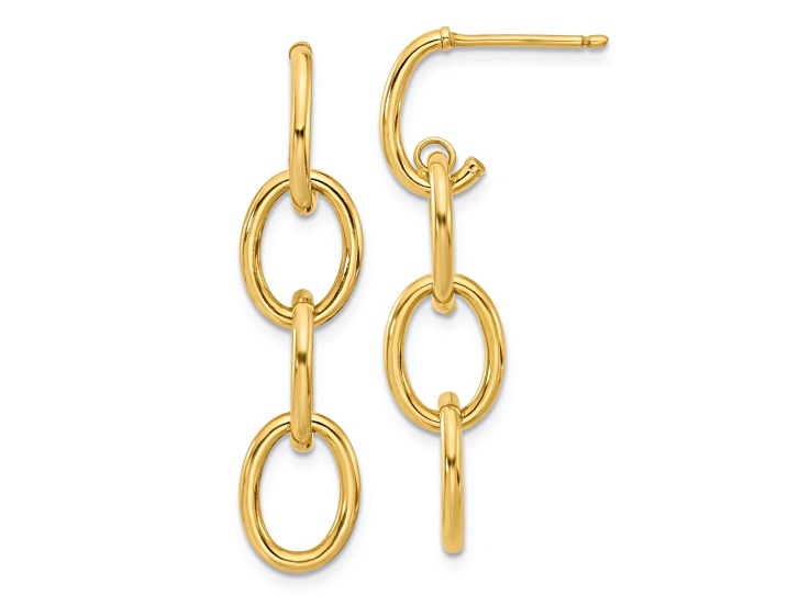 14k Yellow Gold Polished Triple Circle Link Dangle Earrings