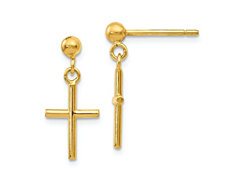14k Yellow Gold Polished Cross Drop Earrings