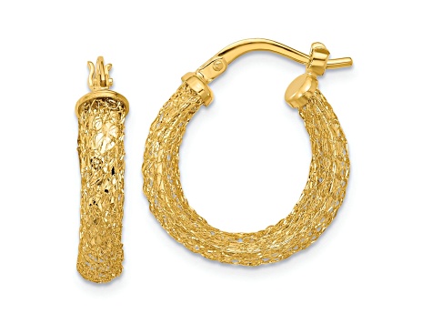 14k Yellow Gold 13/16 inch Polished and Textured Hoop Earrings
