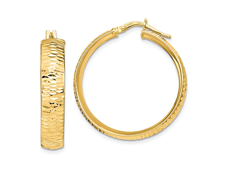 14k Yellow Gold 1 1/4 inch Polished Diamond-Cut Round Hoop Earrings