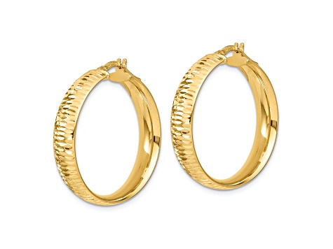 14k Yellow Gold 1 1/4 inch Polished Diamond-Cut Round Hoop Earrings