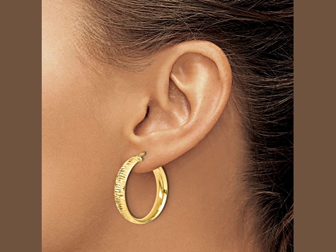 14k Yellow Gold 1 1/4 inch Polished Diamond-Cut Round Hoop Earrings