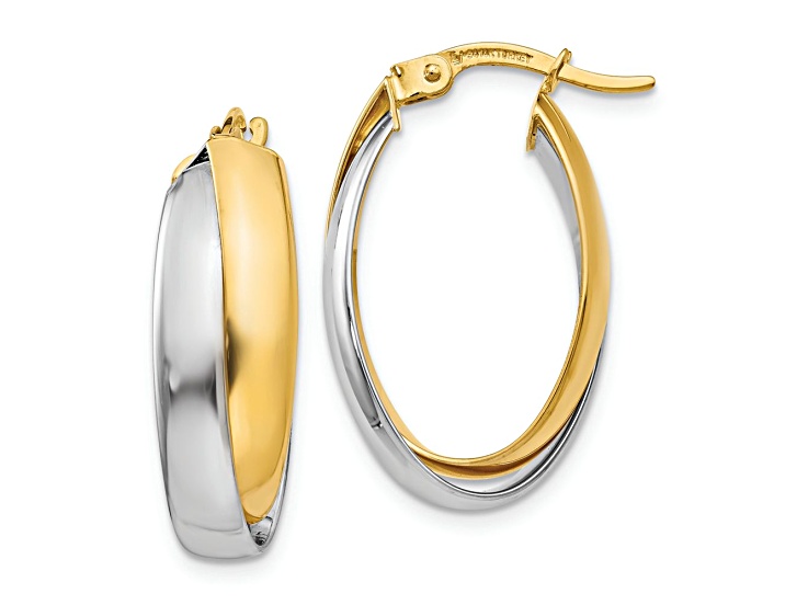 14K Two-tone Gold 7/8 inch Polished Double Oval Hoop Earrings