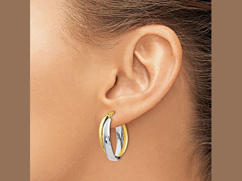 14K Two-tone Gold 7/8 inch Polished Double Oval Hoop Earrings