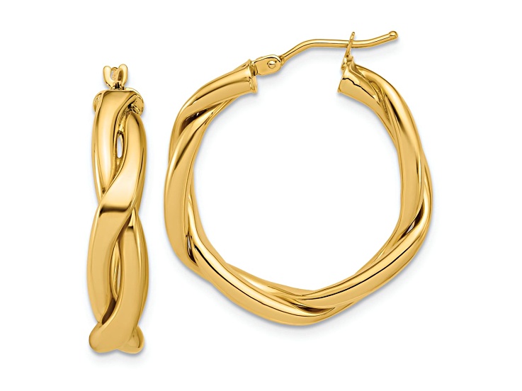 14k Yellow Gold 1 1/16 inch Polished Fancy Twist Round Hoop Earrings