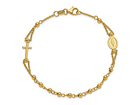 14k Yellow Gold Polished Diamond-Cut and Beaded Religious Rosary Bracelet