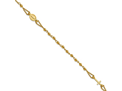 14k Yellow Gold Polished Diamond-Cut and Beaded Religious Rosary Bracelet