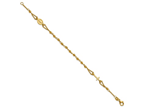 14k Yellow Gold Polished Diamond-Cut and Beaded Religious Rosary Bracelet