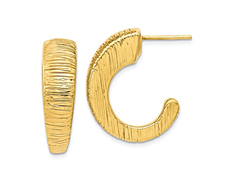 14k Yellow Gold 1/1 inch Polished Textured J-hoop Earrings