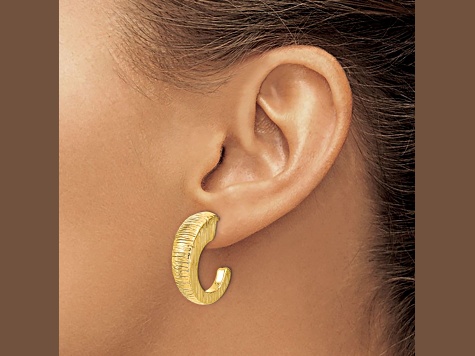14k Yellow Gold 1/1 inch Polished Textured J-hoop Earrings
