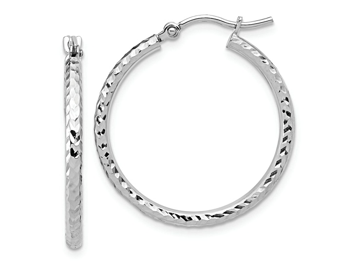 Rhodium Over 10k White Gold 1 inch Diamond-Cut Round Tube Hoop Earrings