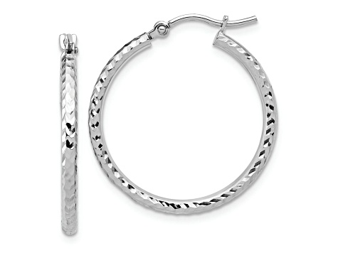 Rhodium Over 10k White Gold 1 inch Diamond-Cut Round Tube Hoop Earrings