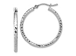 Rhodium Over 10k White Gold 1 inch Diamond-Cut Round Tube Hoop Earrings