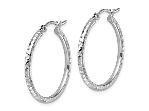 Rhodium Over 10k White Gold 1 inch Diamond-Cut Round Tube Hoop Earrings