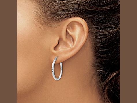 Rhodium Over 10k White Gold 1 inch Diamond-Cut Round Tube Hoop Earrings