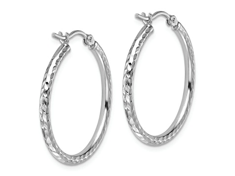 Rhodium Over 10k White Gold 1 inch Diamond-Cut Round Tube Hoop Earrings