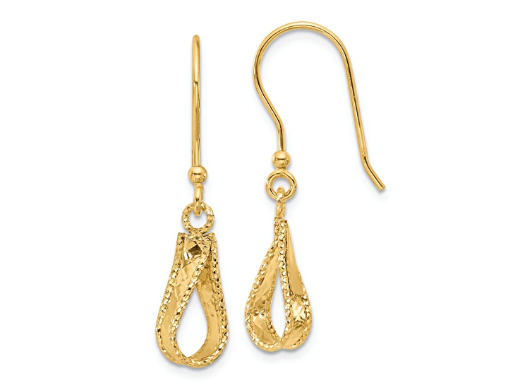 14k Yellow Gold 1 5/16 inch Polished and Diamond-Cut Dangle Earrings