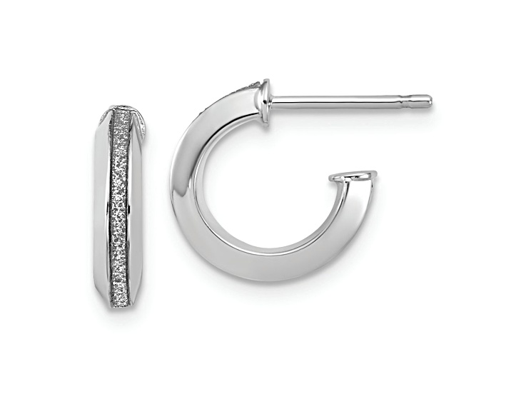 Rhodium Over 14k White Gold 1/2 inch Polished Glimmer Infused J-Hoop Earrings