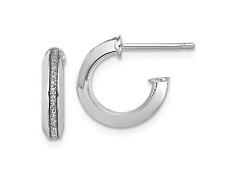 Rhodium Over 14k White Gold 1/2 inch Polished Glimmer Infused J-Hoop Earrings