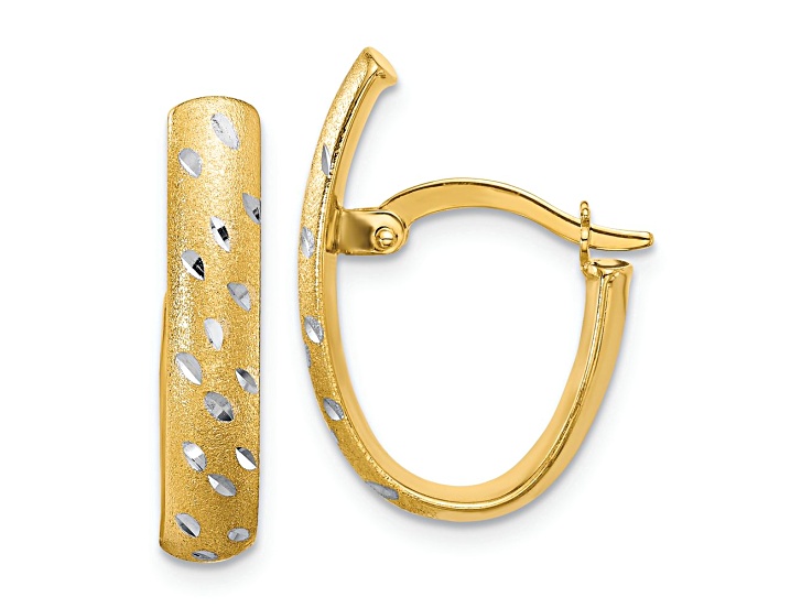 10K Two-tone Gold 3/4 inch Polished Satin Diamond-Cut Fancy Hoop Earrings