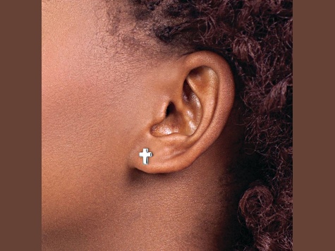 Rhodium Over 14k White Gold Polished Cross Stud Earrings