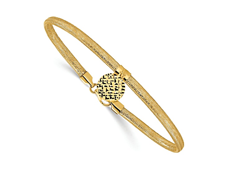 14k Yellow Gold Polished Stretchable Mesh Diamond-Cut Disc Bracelet
