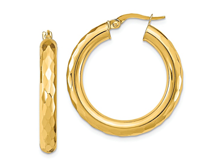 14k Yellow Gold 1 1/8 inch Polished Diamond-Cut Hoop Earrings