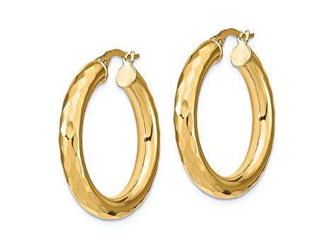 14k Yellow Gold 1 1/8 inch Polished Diamond-Cut Hoop Earrings