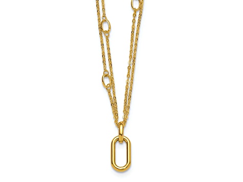 14K Yellow Gold Polished Oval Pendant with Fancy Two Strand 17.75 Inch Cable Chain