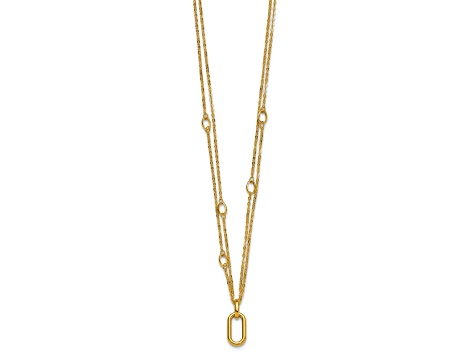 14K Yellow Gold Polished Oval Pendant with Fancy Two Strand 17.75 Inch Cable Chain