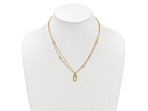 14K Yellow Gold Polished Oval Pendant with Fancy Two Strand 17.75 Inch Cable Chain