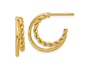 14k Yellow Gold 11/16 inch Polished and Textured Two Row J-Hoop Earrings