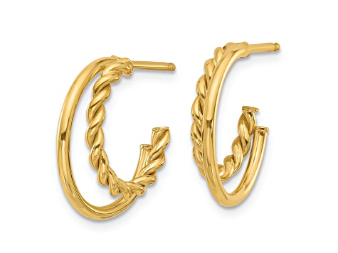 14k Yellow Gold 11/16 inch Polished and Textured Two Row J-Hoop Earrings