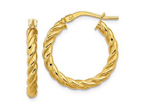 14k Yellow Gold 3/4 inch Polished and Twisted Round Hoop Earrings