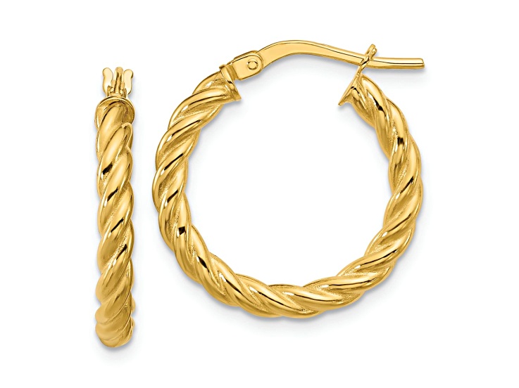 14k Yellow Gold 3/4 inch Polished and Twisted Round Hoop Earrings