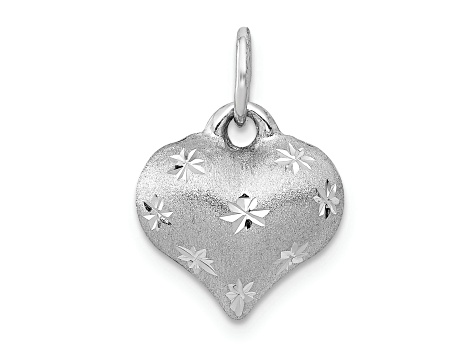 Rhodium Over 14k White Gold Satin Diamond-Cut 3D Puffed Heart Pendant