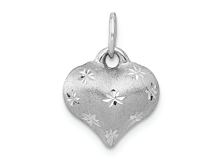 Rhodium Over 14k White Gold Satin Diamond-Cut 3D Puffed Heart Pendant
