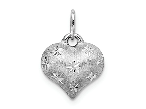 Rhodium Over 14k White Gold Satin Diamond-Cut 3D Puffed Heart Pendant